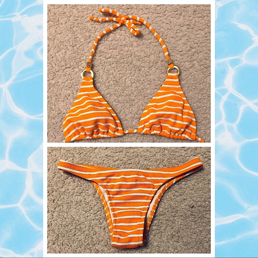 (M) Two-piece Bikini Swimsuit Orange/White Stripe Print